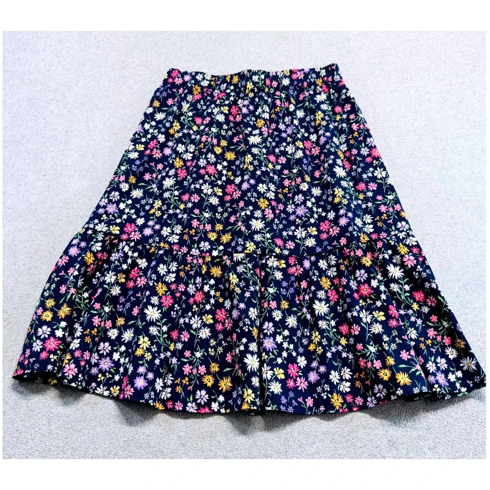 Old Navy Tiered Midi Skirt Kids Size L 10-12 Navy Blue Floral Daisy Ruffle Boho